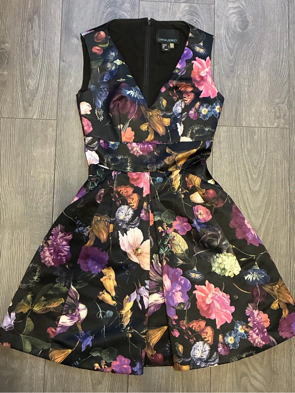 Cynthia Rowley Black Floral V-Neck Fit & Flare Dress